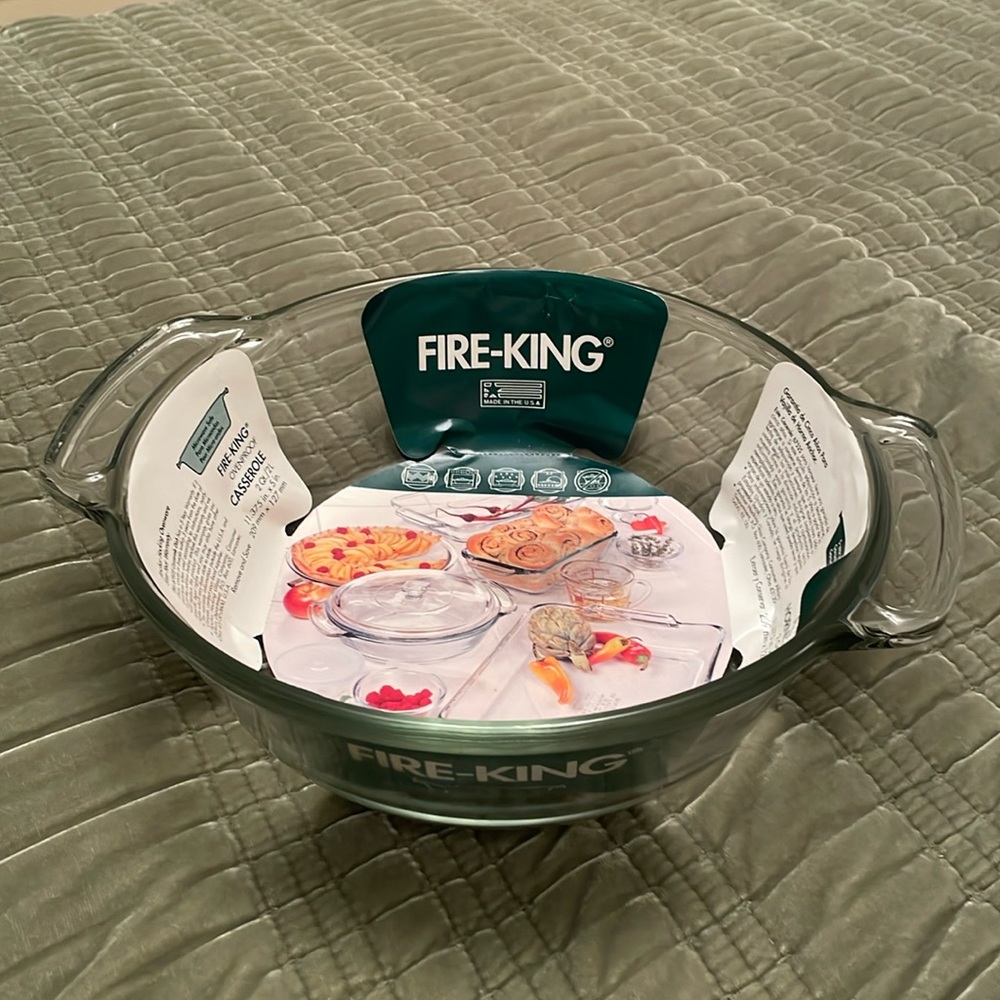 NWT FIRE-KING Clear Glass Round Ovenproof Casserole Dish NO LID 2 Quarts